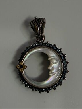 Barbara Bixby Carved Mother of Pearl Man in the Moon 18k Gold Flower Pendant